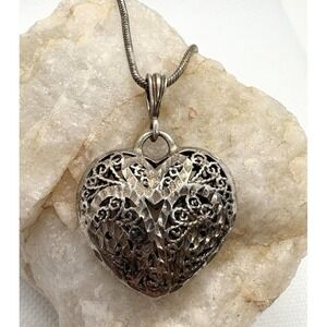 Vintage CI THAI Etched Puffy Heart Pendant Sterling Silver 925 18'' Necklace 13g